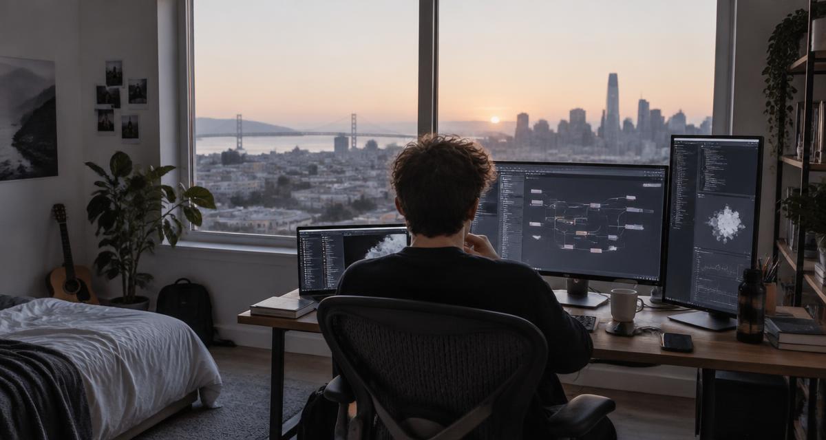 En ung AI-grundare arbetar från ett sovrum med utsikt över San Francisco.