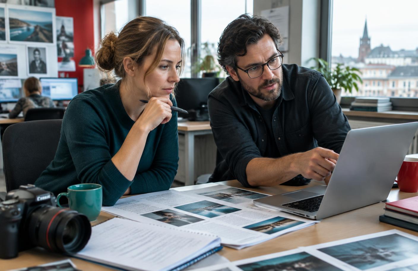 Två redaktörer kvalitetssäkrar digitalt innehåll. Bilden är AI-genererad.