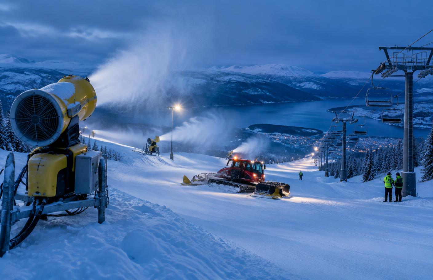 Snöproduktion, pistmaskiner och liftar gör fjällturismen till en kapitalintensiv verksamhet. Bilden är AI-genererad och illustrativ.
