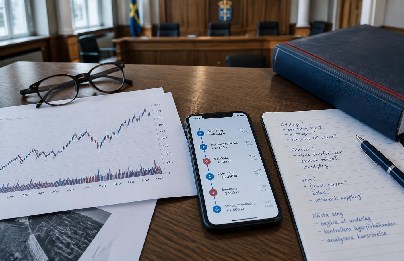 Aktiekurser, betalningar och anteckningar granskas som delar av en beviskedja. Bilden är en illustration.