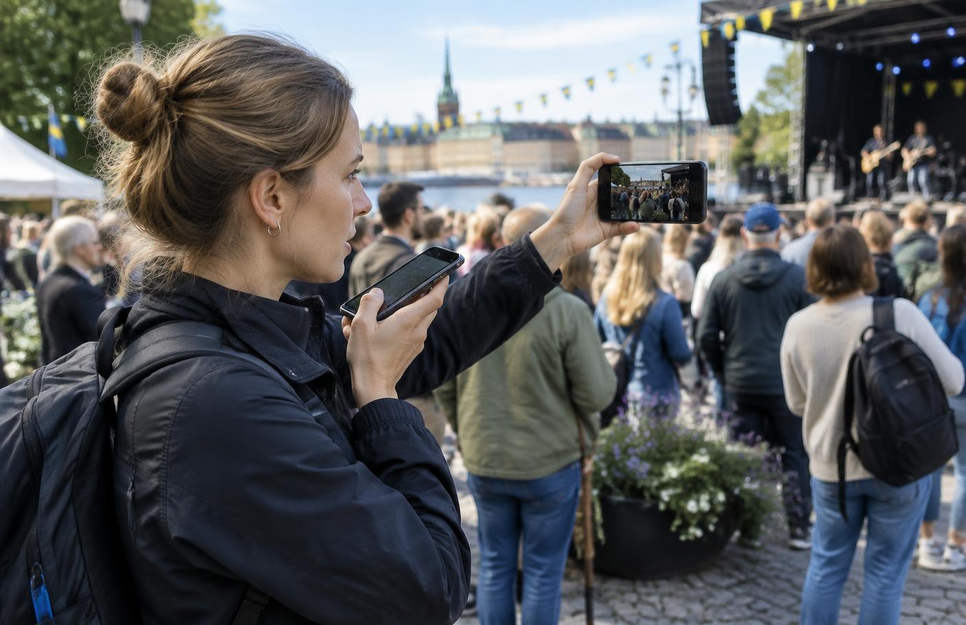 En mobil reporter dokumenterar ett evenemang med telefon. Bilden är AI-genererad.