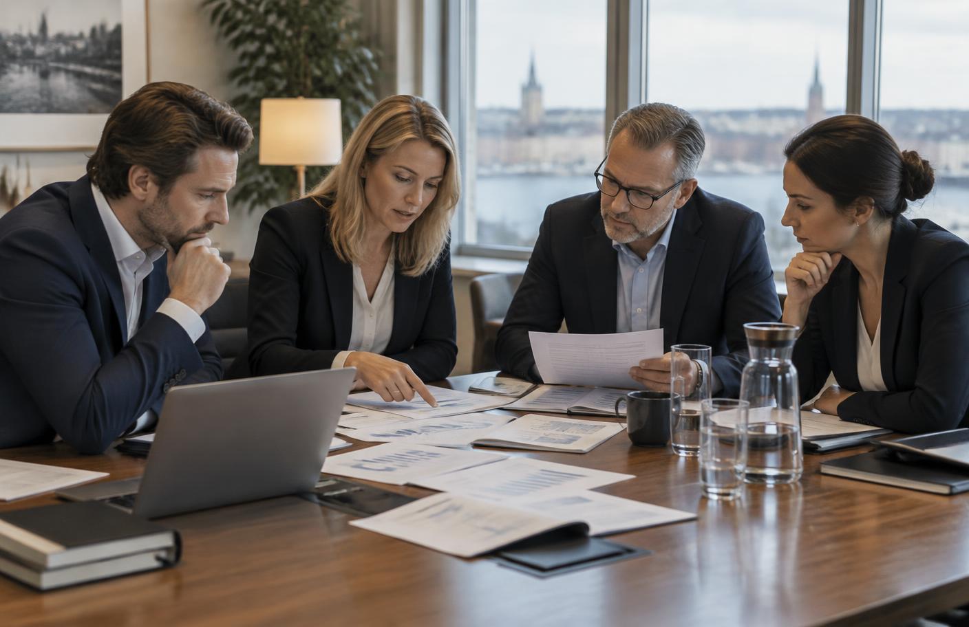 Ledning och rådgivare går igenom finansiella rapporter och underlag inför en notering.