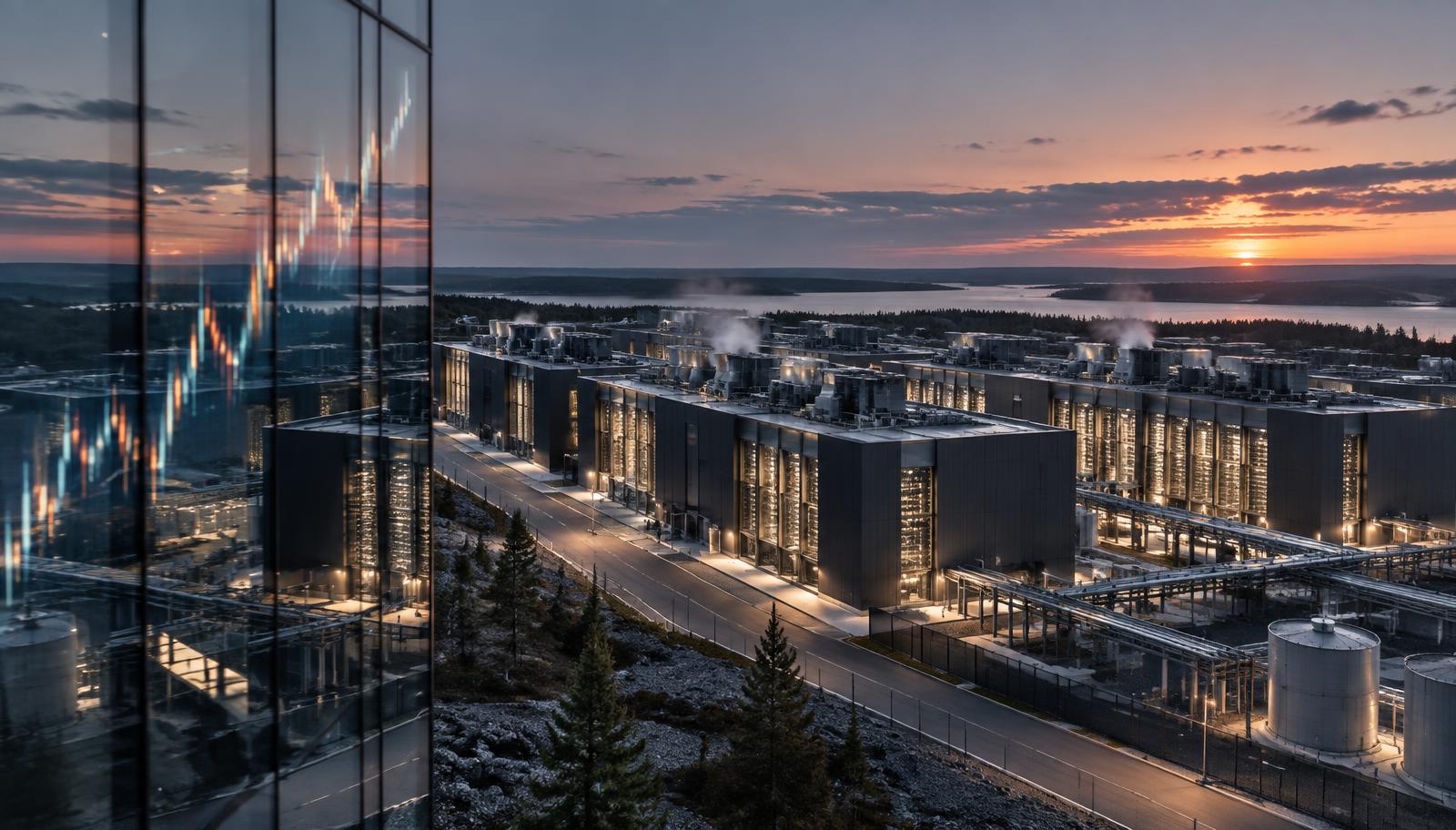 AI-genererad illustration av ett stort datacenter i skymning – datorkraften är kärnan i den nya AI-ekonomin.