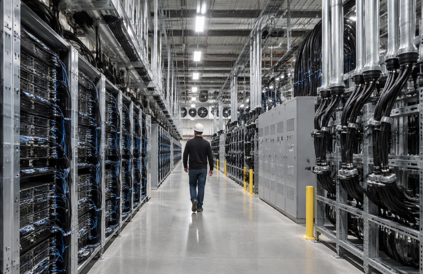 AI-genererad illustration av serverhall och kylsystem för avancerad AI-drift.