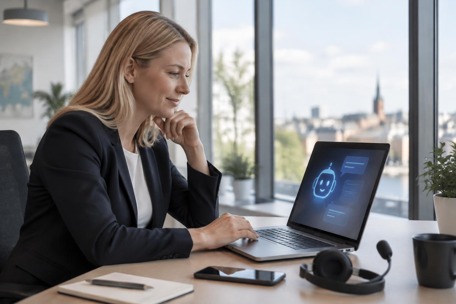 Säljare på ett svenskt kontor använder en AI-assistent på datorn