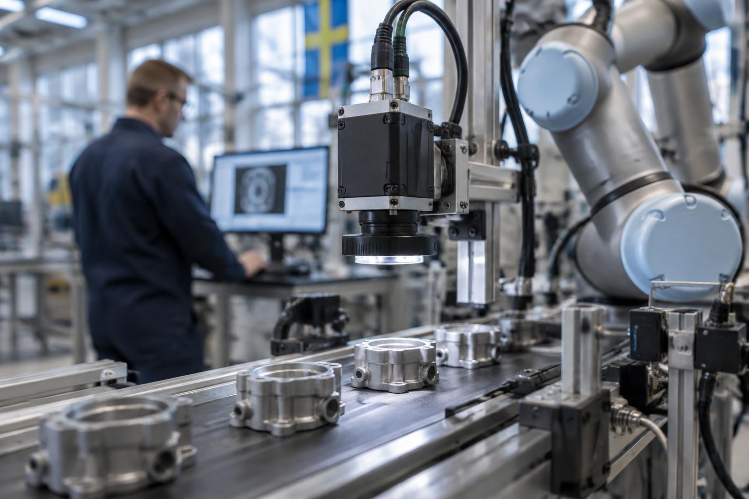 Industriell machine vision-kamera inspekterar detaljer på ett produktionsband