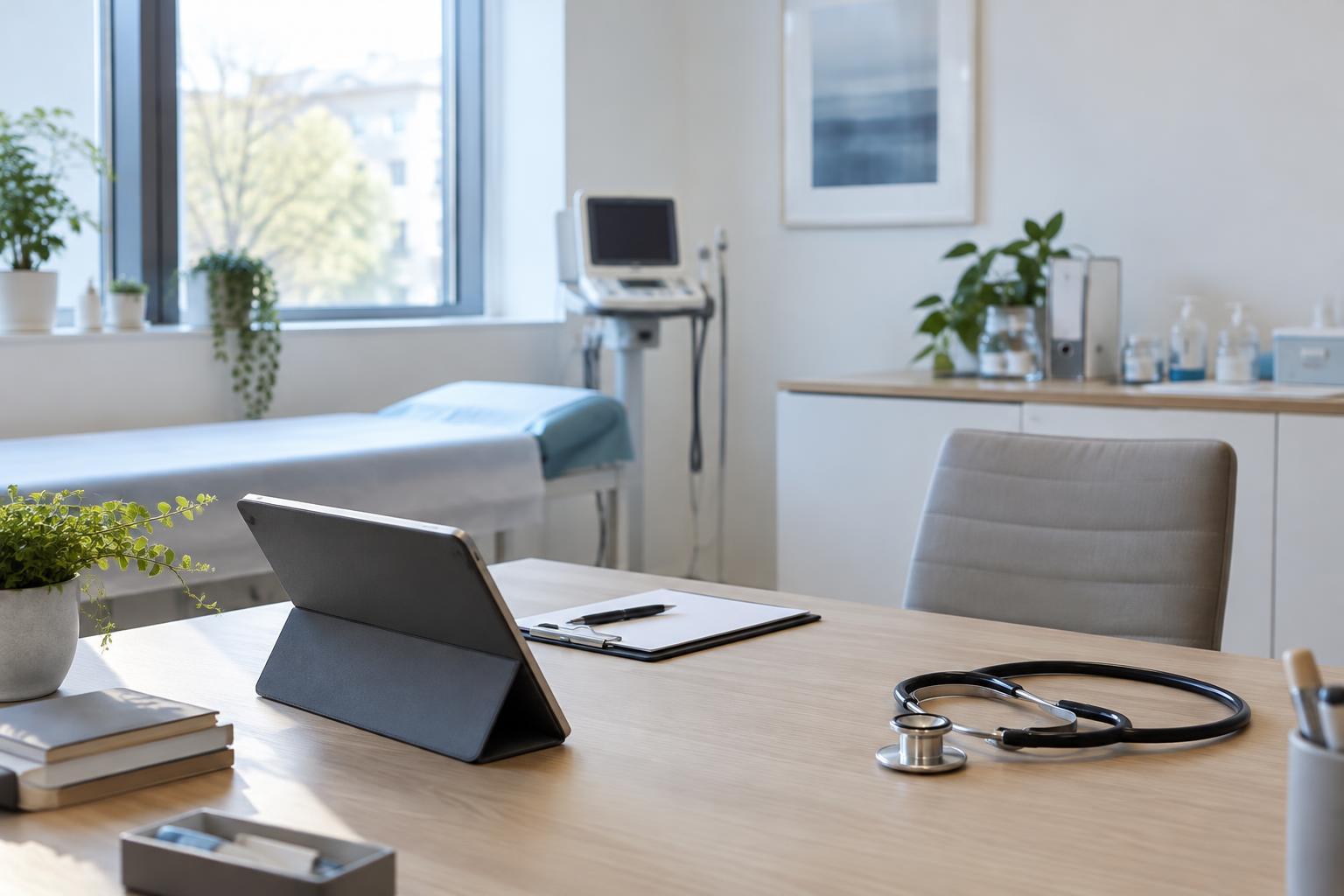 Illustrativ vårdmiljö med surfplatta och medicinsk utrustning som symbol för digital hälsa.