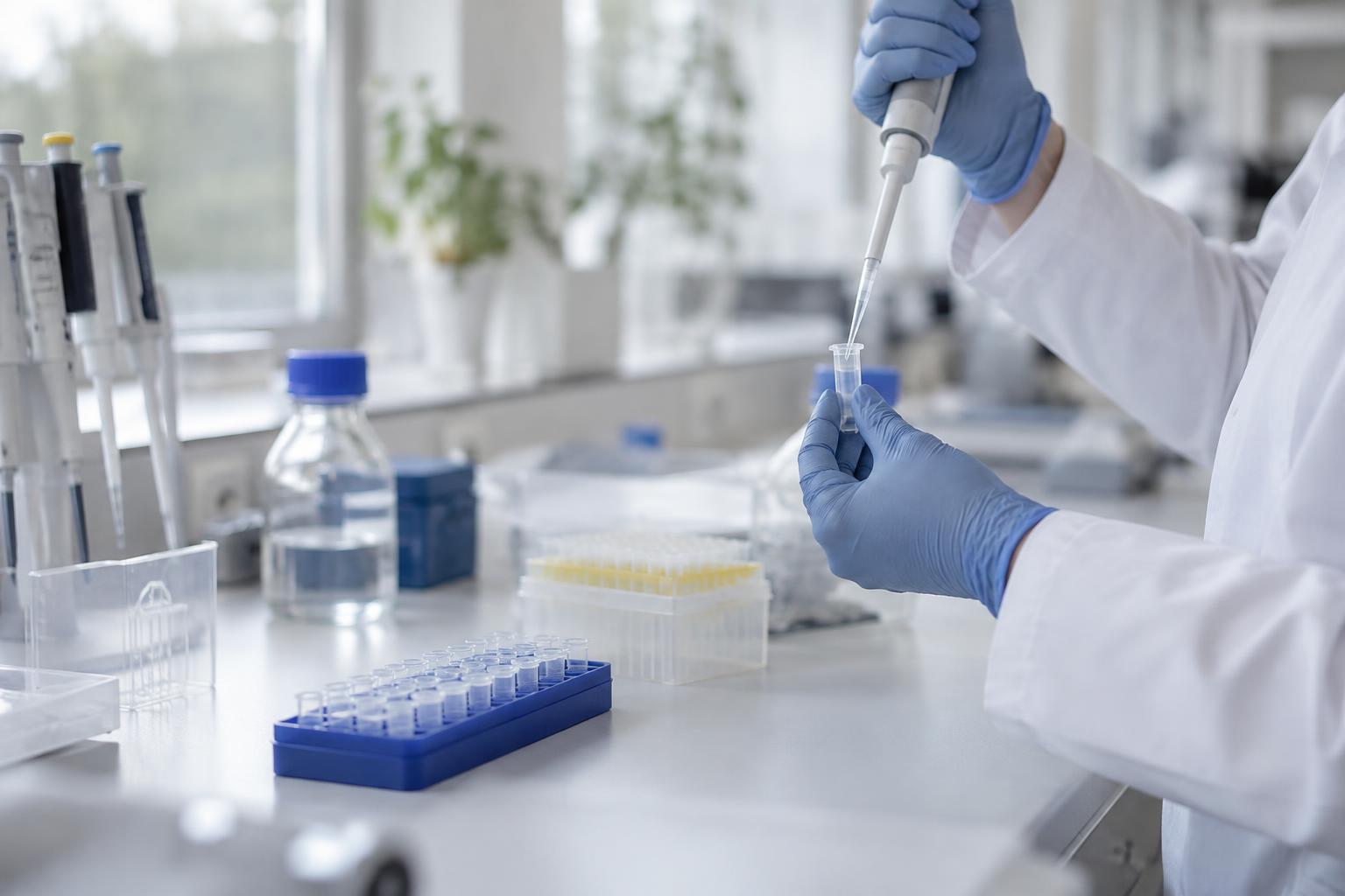 Illustrativ laboratoriemiljö med provrör och pipetter för bioteknisk forskning.