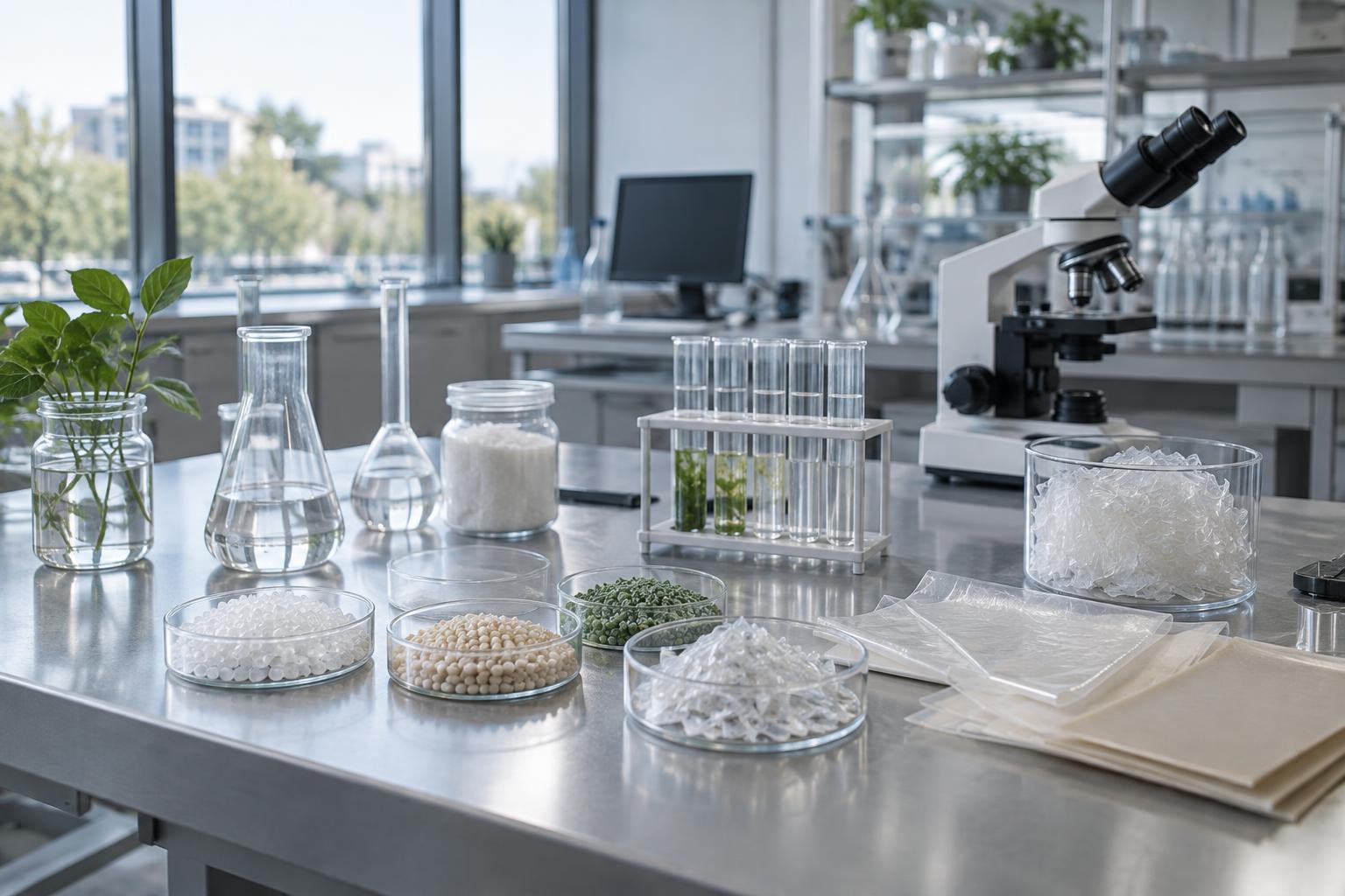 Illustrativ laboratoriemiljö med provkärl och plastprover för utvärdering av biologisk nedbrytbarhet.