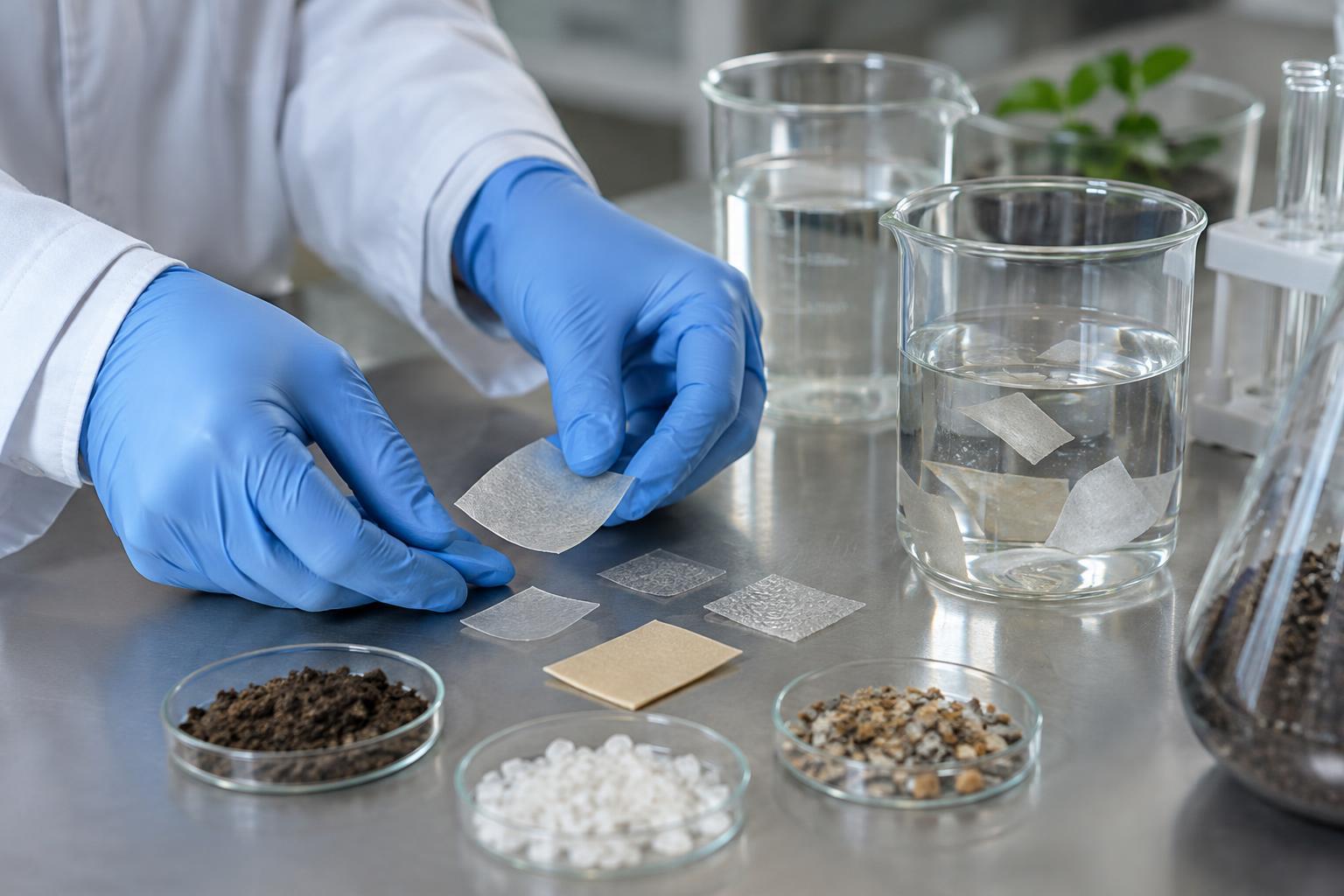 Illustrativ närbild av handskbeklädda händer som förbereder plastprover vid en laboratoriebänk.