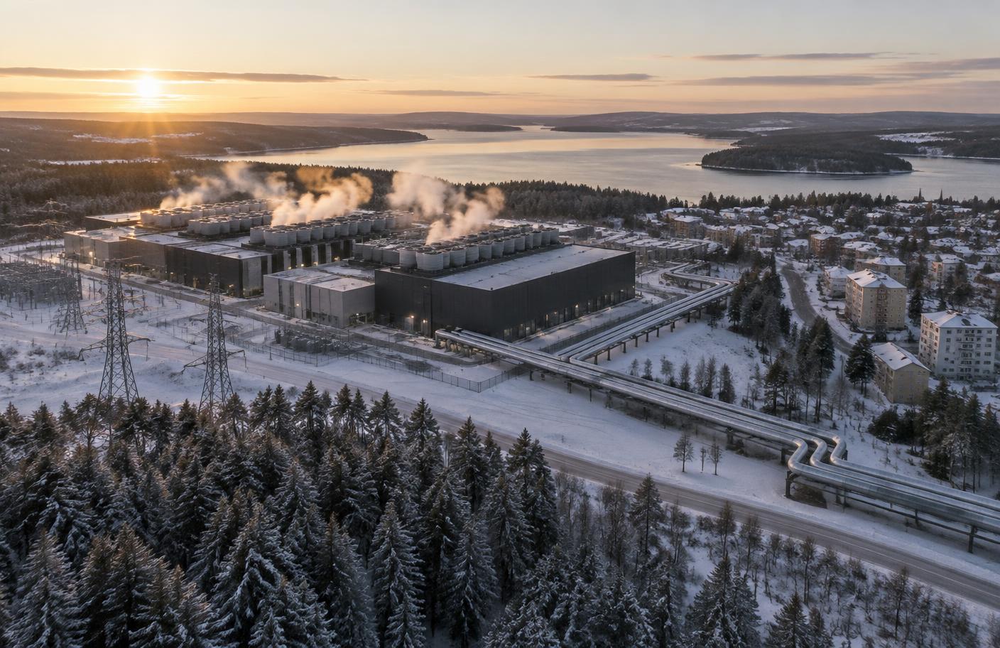 Datahall i vinterlandskap intill en svensk ort, där värmen leds vidare i fjärrvärmerör mot bostäderna