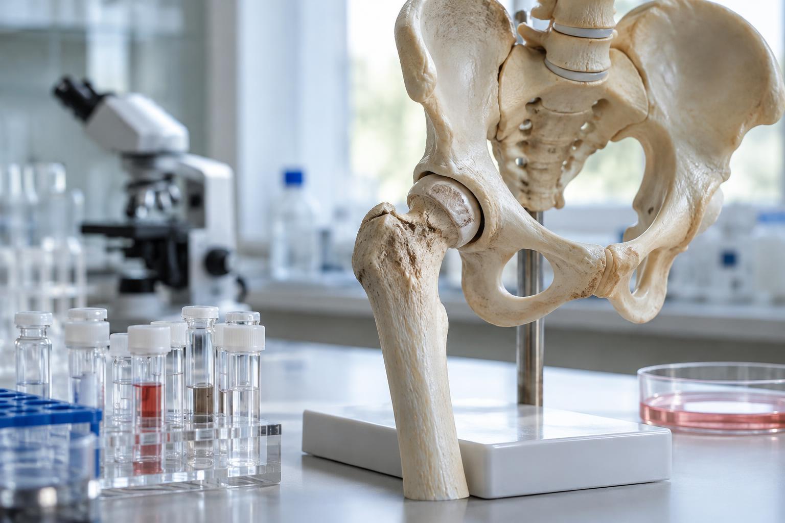 Illustrativ bild av en anatomisk skelettmodell och provflaskor med anknytning till forskning om cancer i skelettet.