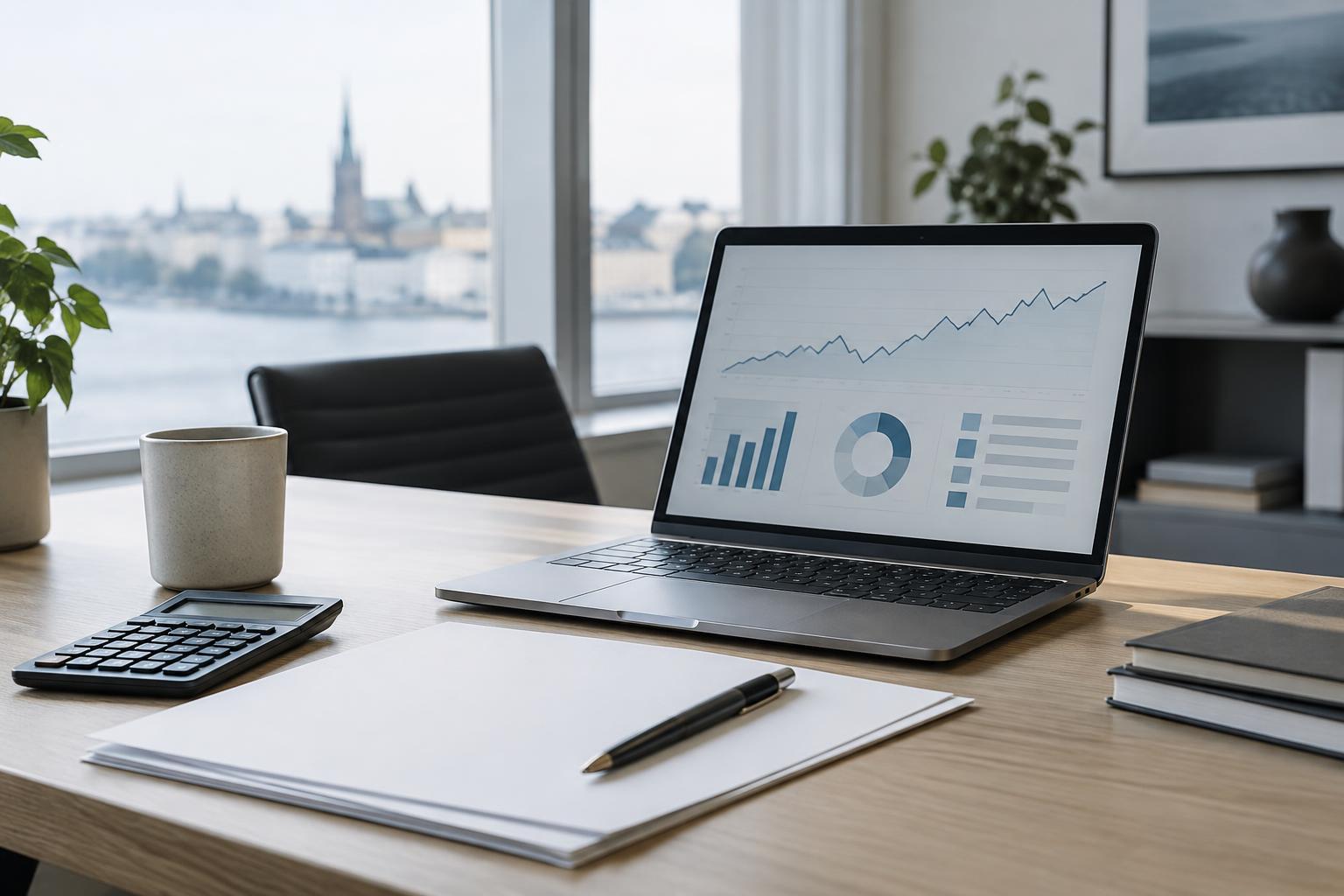 Illustrationsbild av ett skrivbord för finansiell analys med dokument, kalkylator och dator.