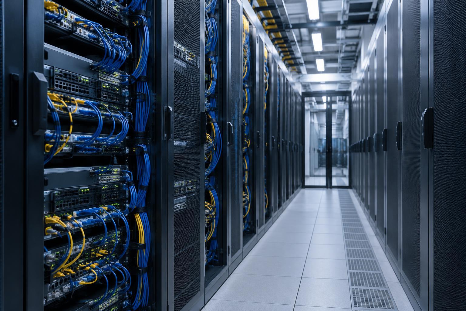 Illustrationsbild av serverrack och nätverkskablar i en modern datormiljö.