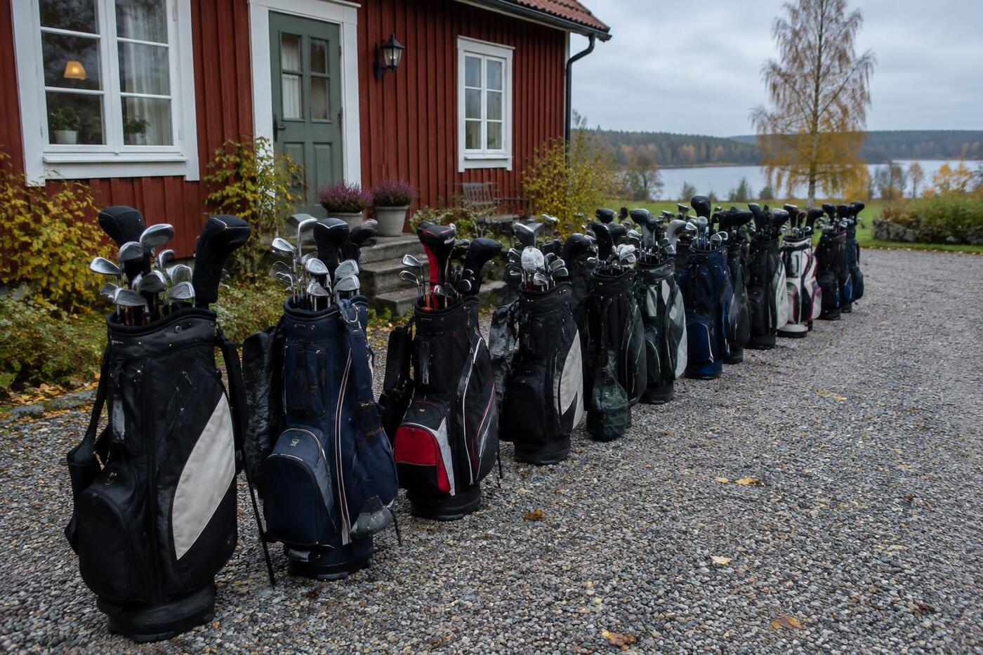 Golfbagar uppradade utanför ett rött hus på landsbygden