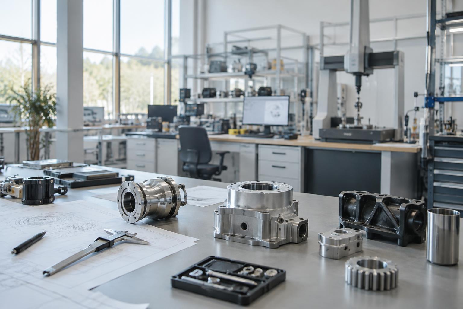 Illustrativ industrimiljö med arbetsbänkar, prototypdelar och mätutrustning för utvecklingsarbete.