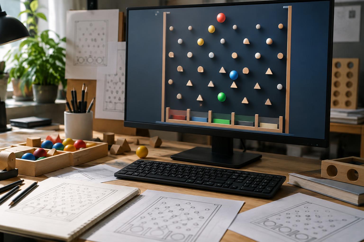 Illustrativ arbetsplats för spelutveckling med ett digitalt kulspel på skärmen.