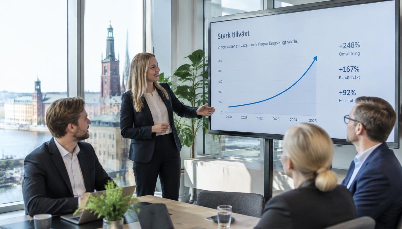 Affärskvinnor och affärsmän visar upp ett diagram med kraftig tillväxt