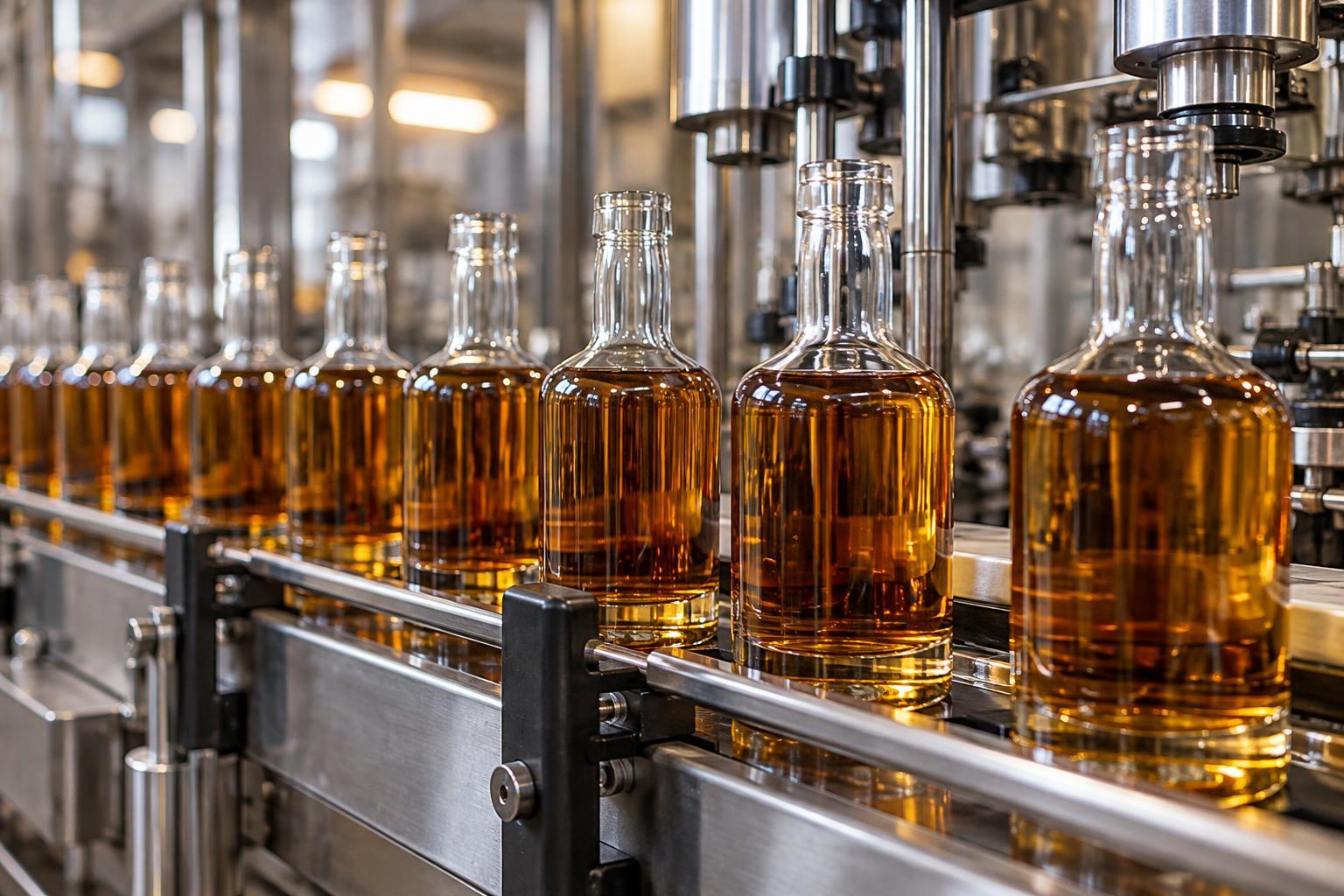 Oetiketterade flaskor med bärnstensfärgad whisky vid en tappningslinje.