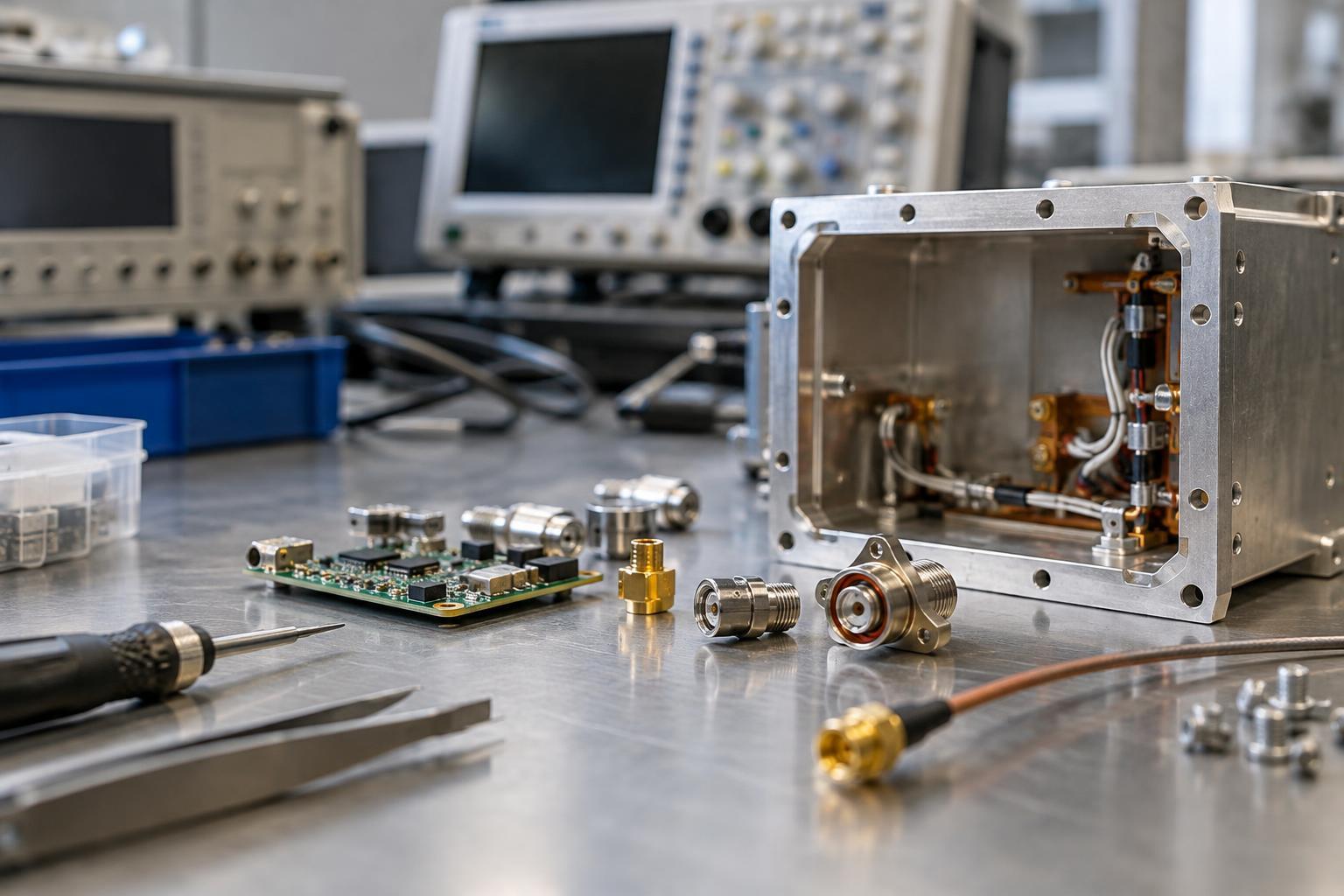Illustrativ närbild av elektroniska komponenter och anslutningar i laboratorieutrustning.