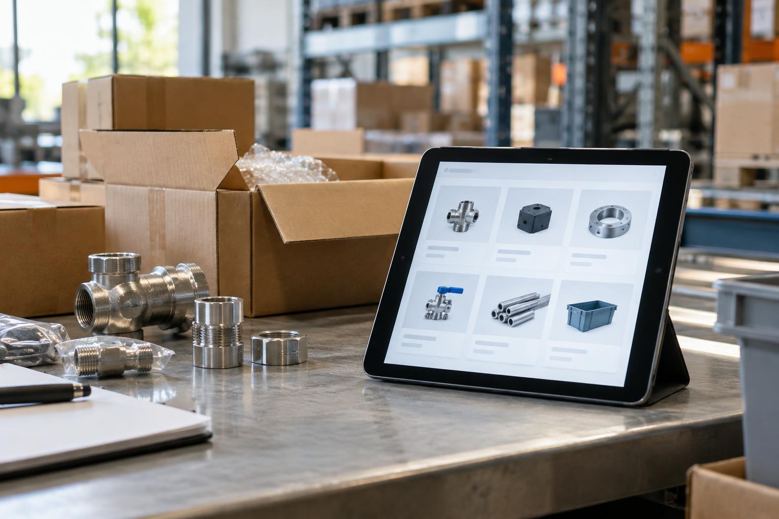 Illustrationsbild av en surfplatta med ett handelsgränssnitt på en packbänk med industrikomponenter.