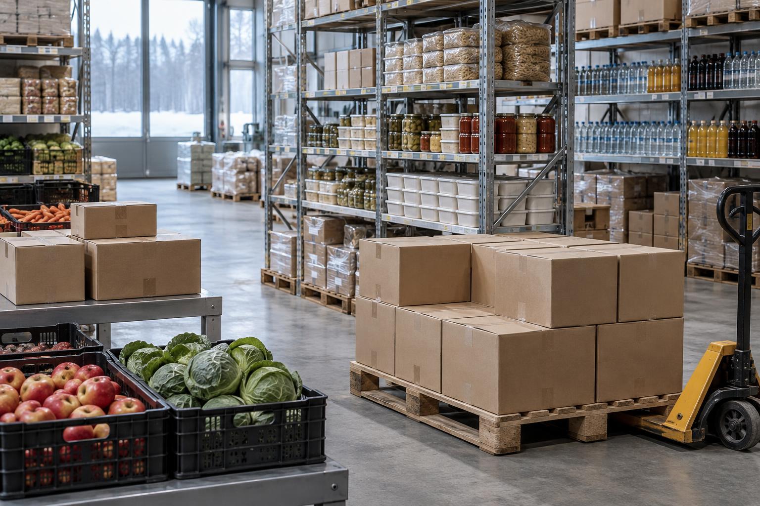 Illustrationsbild av livsmedel och drycker i en distributionslagerlokal.