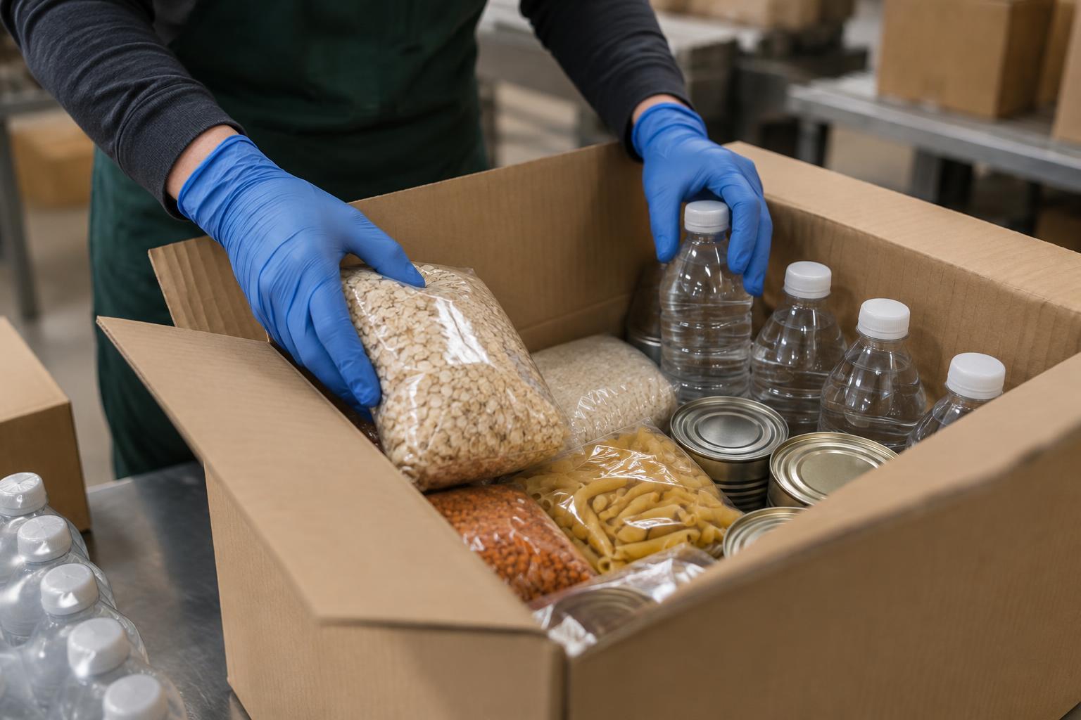 Illustrationsbild av förpackade livsmedel och drycker som packas för distribution.