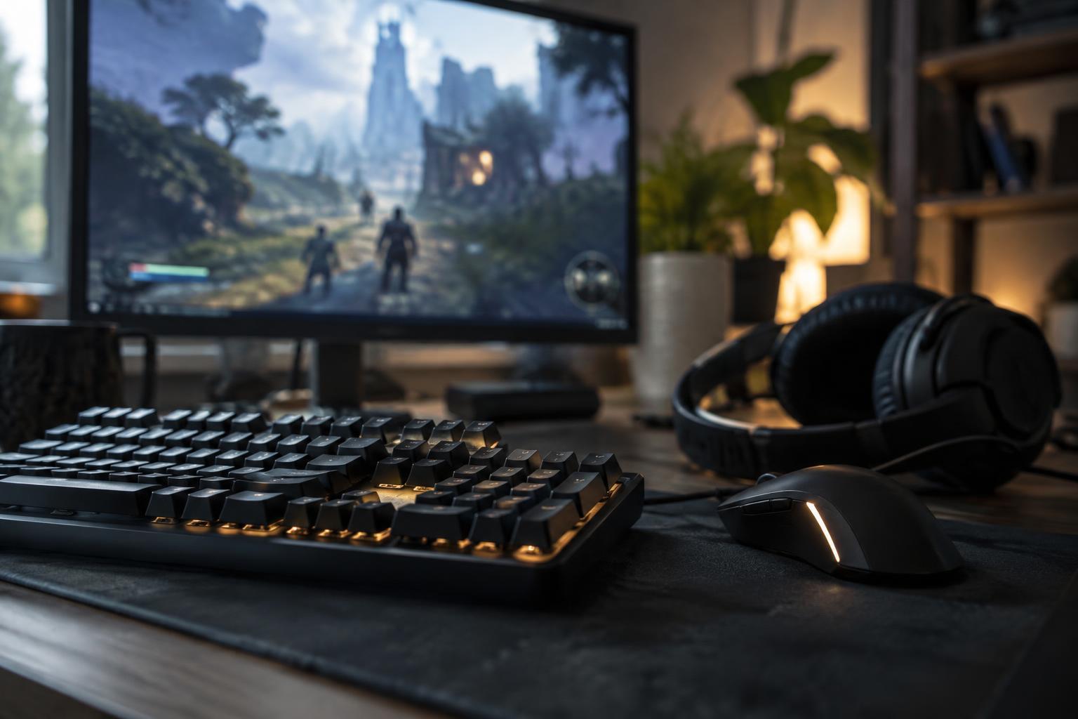 Tangentbord, mus och headset framför en suddig skärm med spelmiljö.