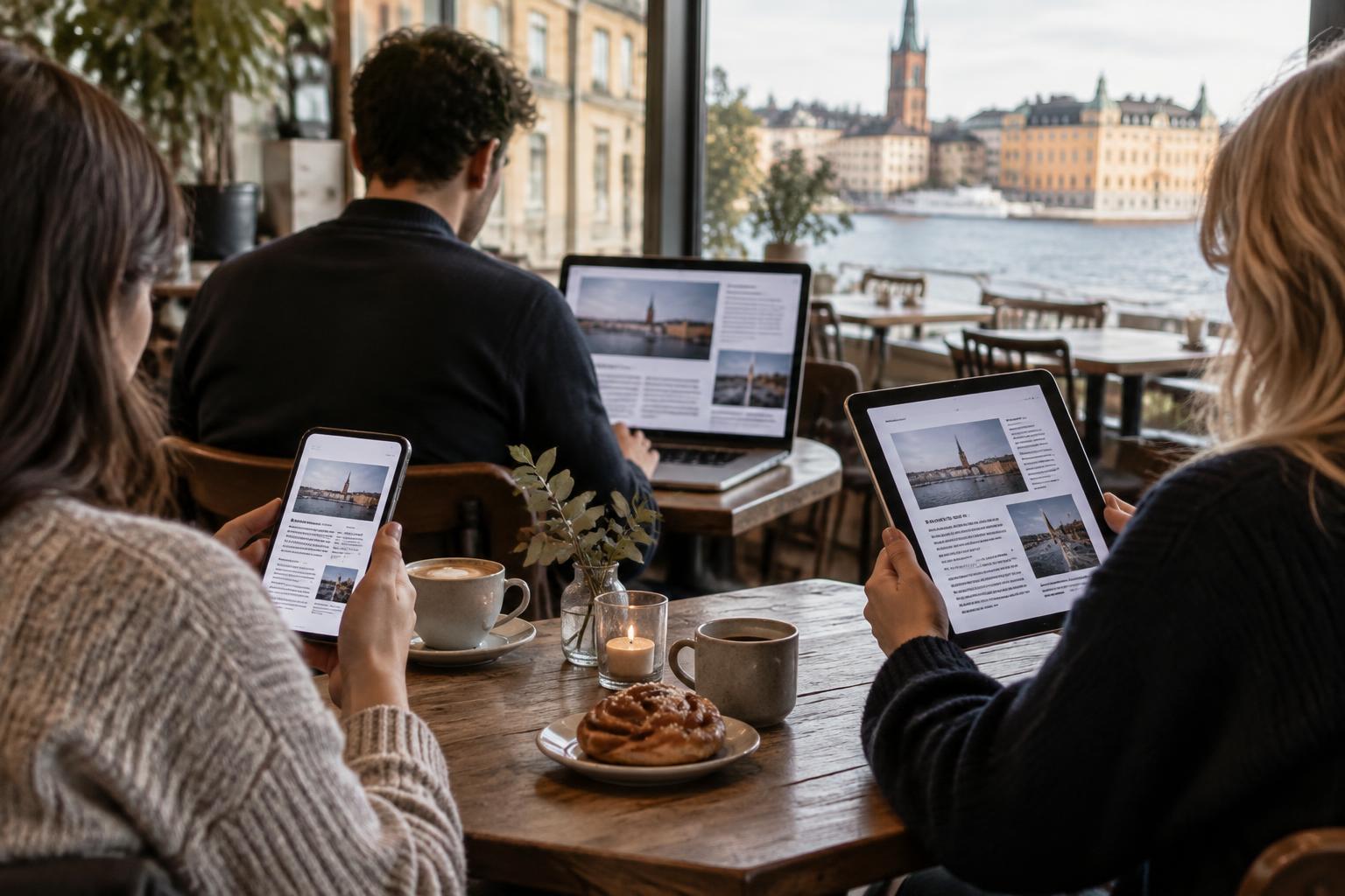 Läsare på ett kafé i Stockholm följer gruppens tidningar på mobil, surfplatta och dator