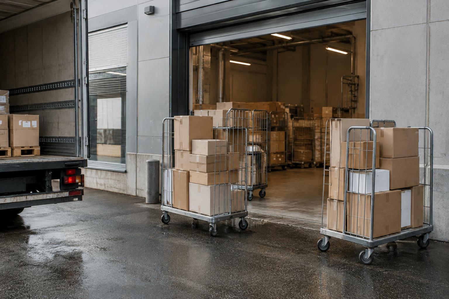 Illustrationsbild av en stadsnära logistikdepå med paket på transportvagnar.