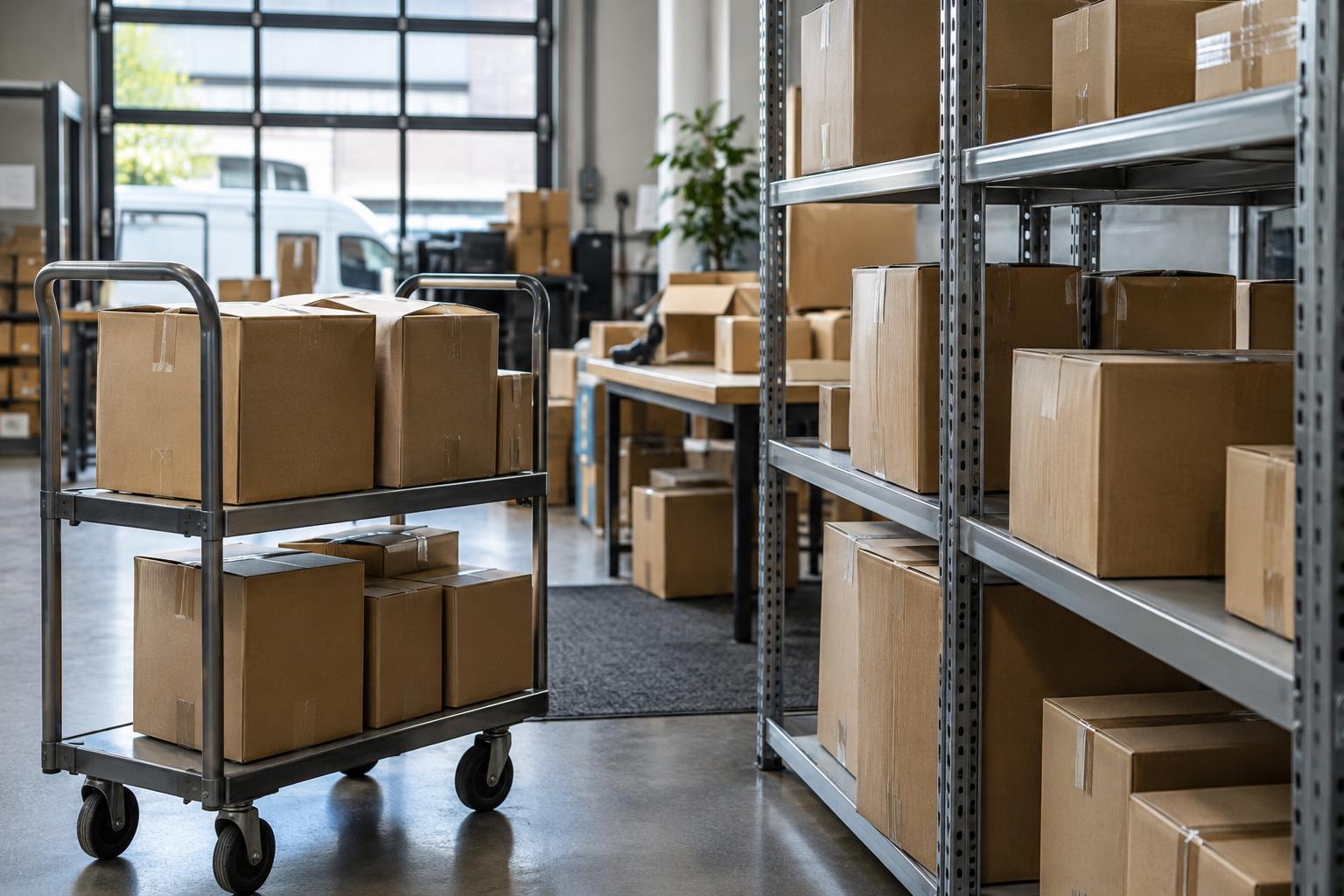 Illustrationsbild av paketsortering med hyllor och transportvagn i en distributionslokal.