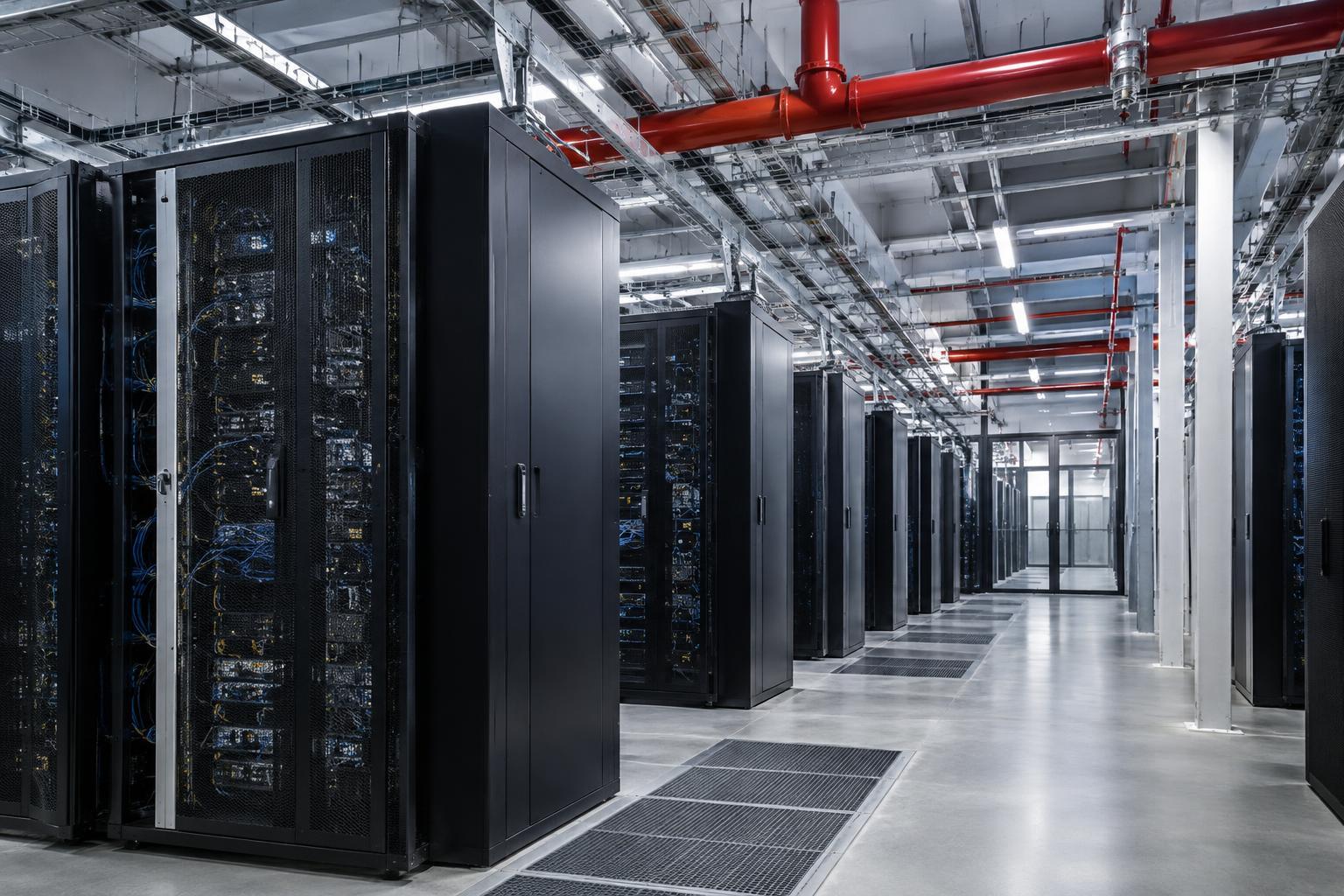 Illustrationsbild av en datacentermiljö med serverrack och brandskyddsinstallationer i taket.