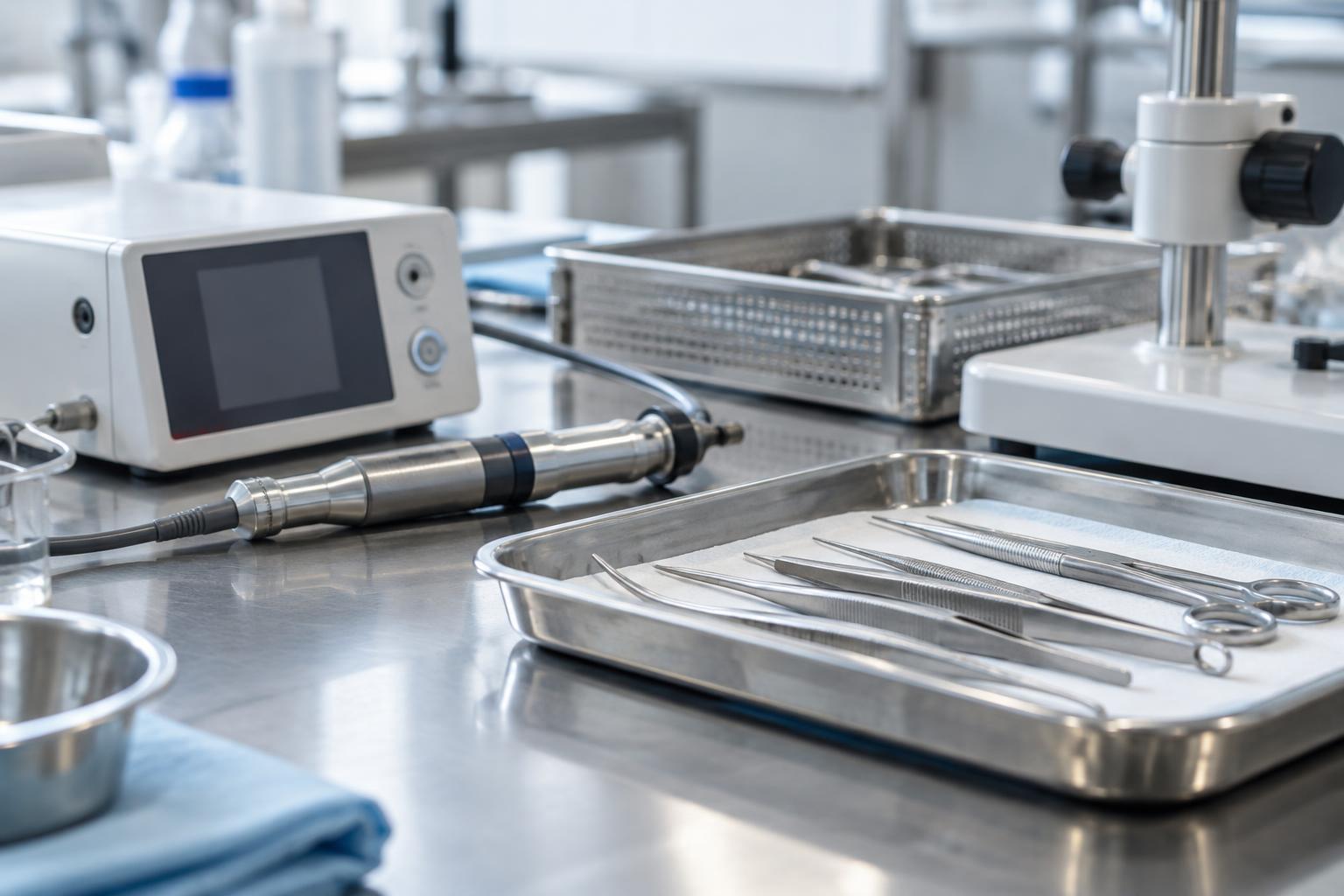 Illustrativ närbild av medicintekniska komponenter och instrument på en laboratoriebänk.