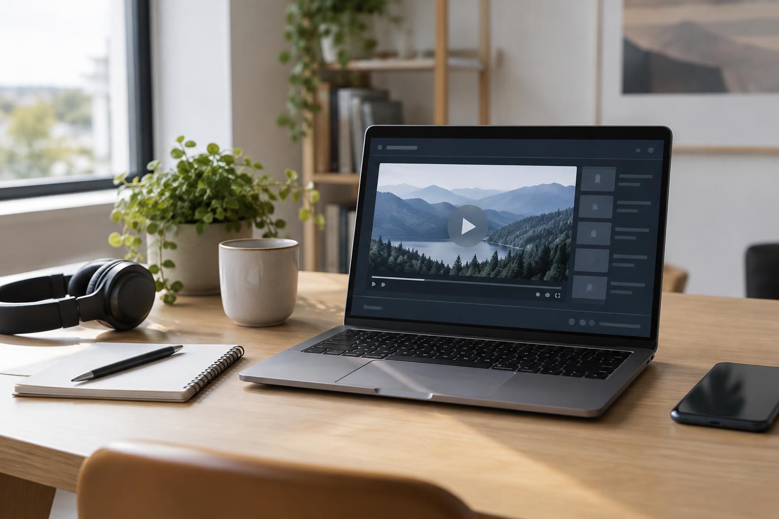 Bärbar dator och hörlurar vid en arbetsplats för digitalt lärande.