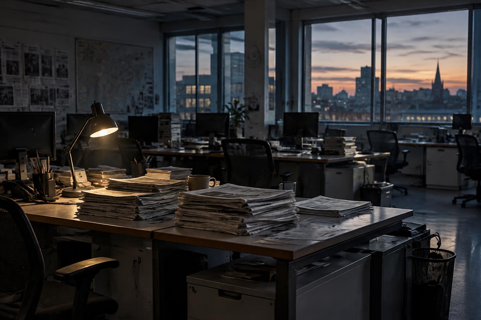 Nästan tom redaktion i skymningen med travar av tidningar