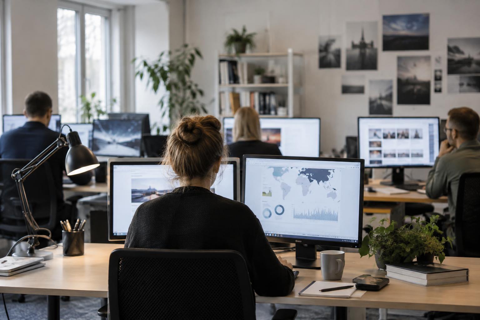 Illustrativ redaktionsmiljö med arbetsstationer för digital publicering och målgruppsanalys.