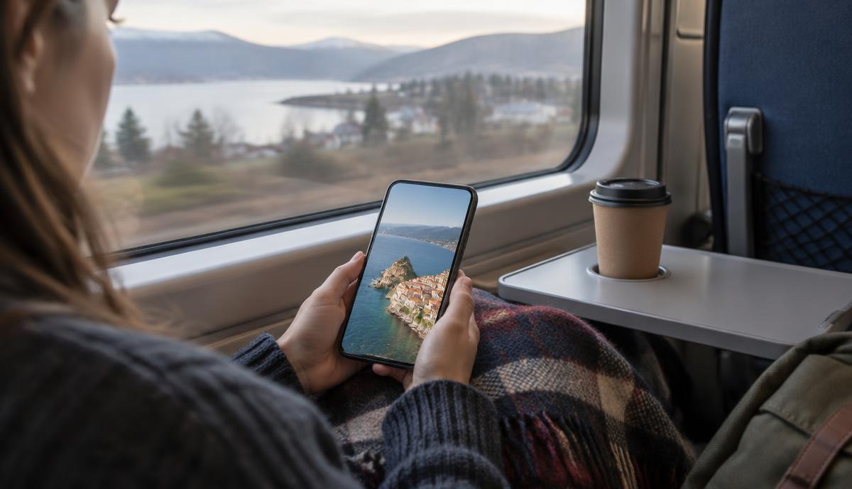 Resenär på morgontåget som läser ett resreportage i mobilen
