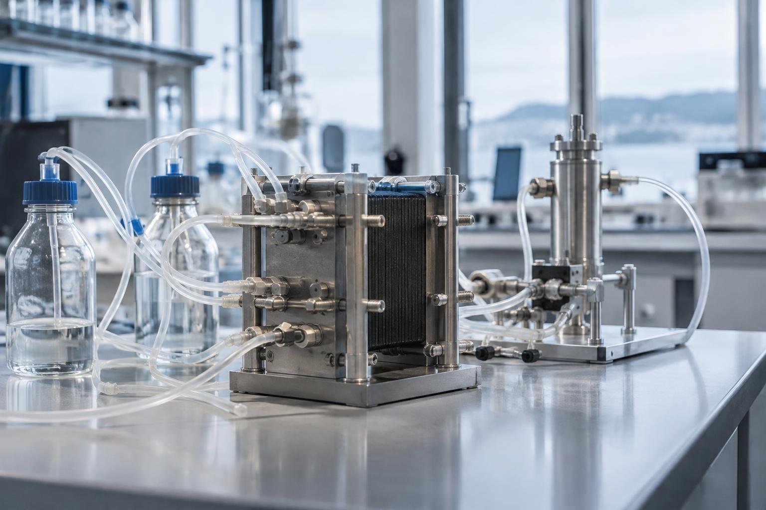 Illustrativ laboratoriemiljö med experimentell utrustning för elektrolys.