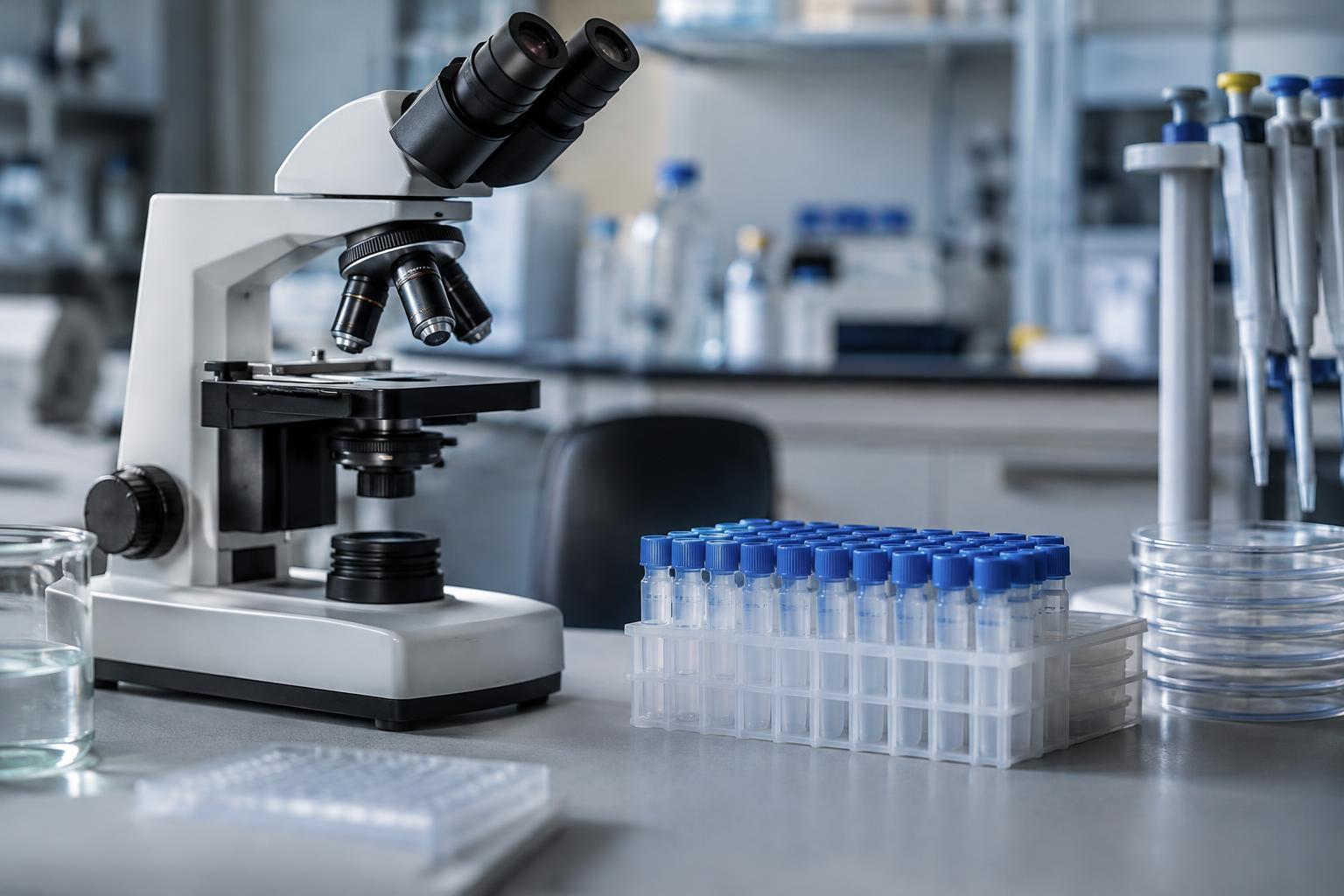 Mikroskop och provställ i en illustrativ bioteknisk laboratoriemiljö.