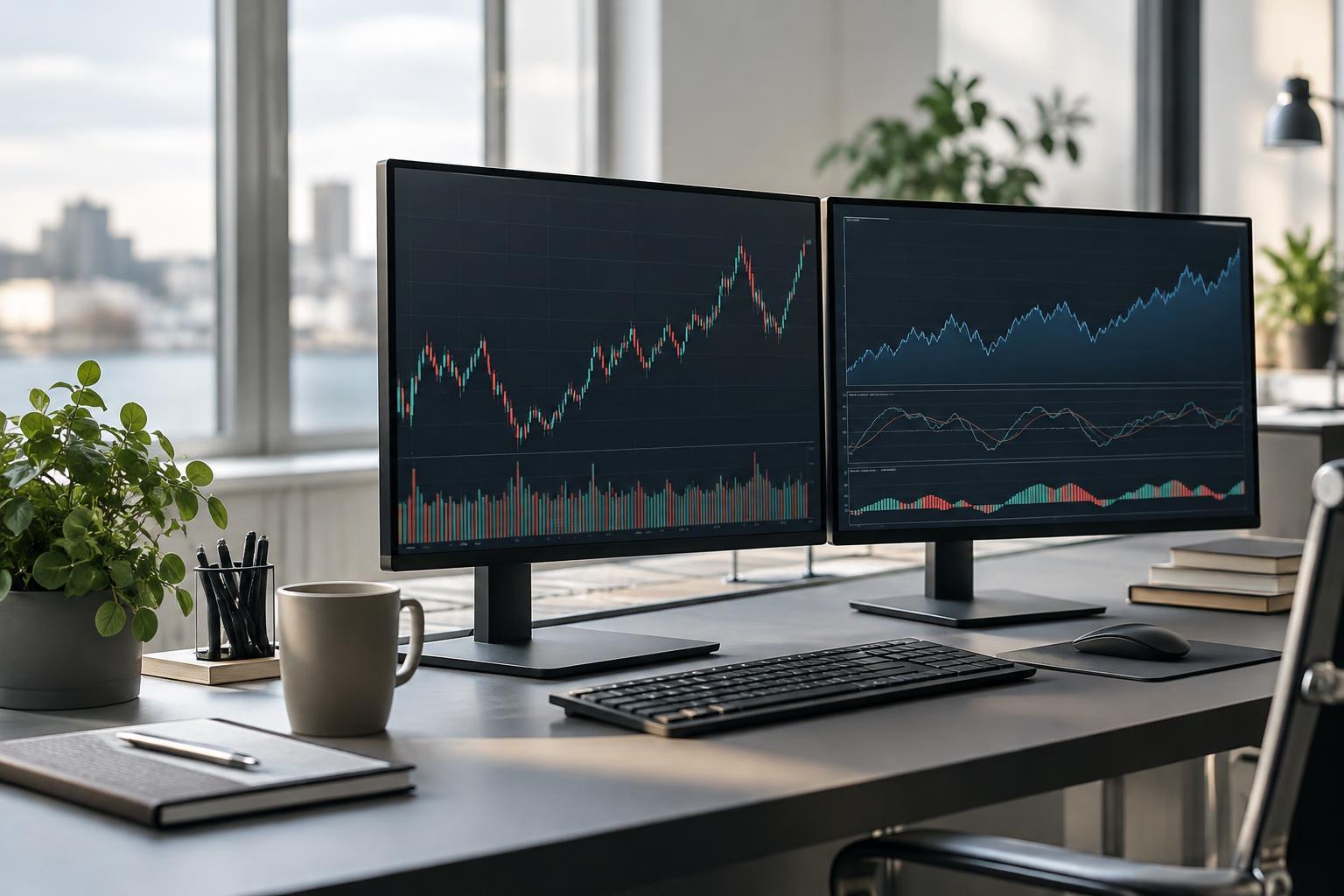 Illustrativ närbild av datorskärmar med abstrakta finansiella diagram.
