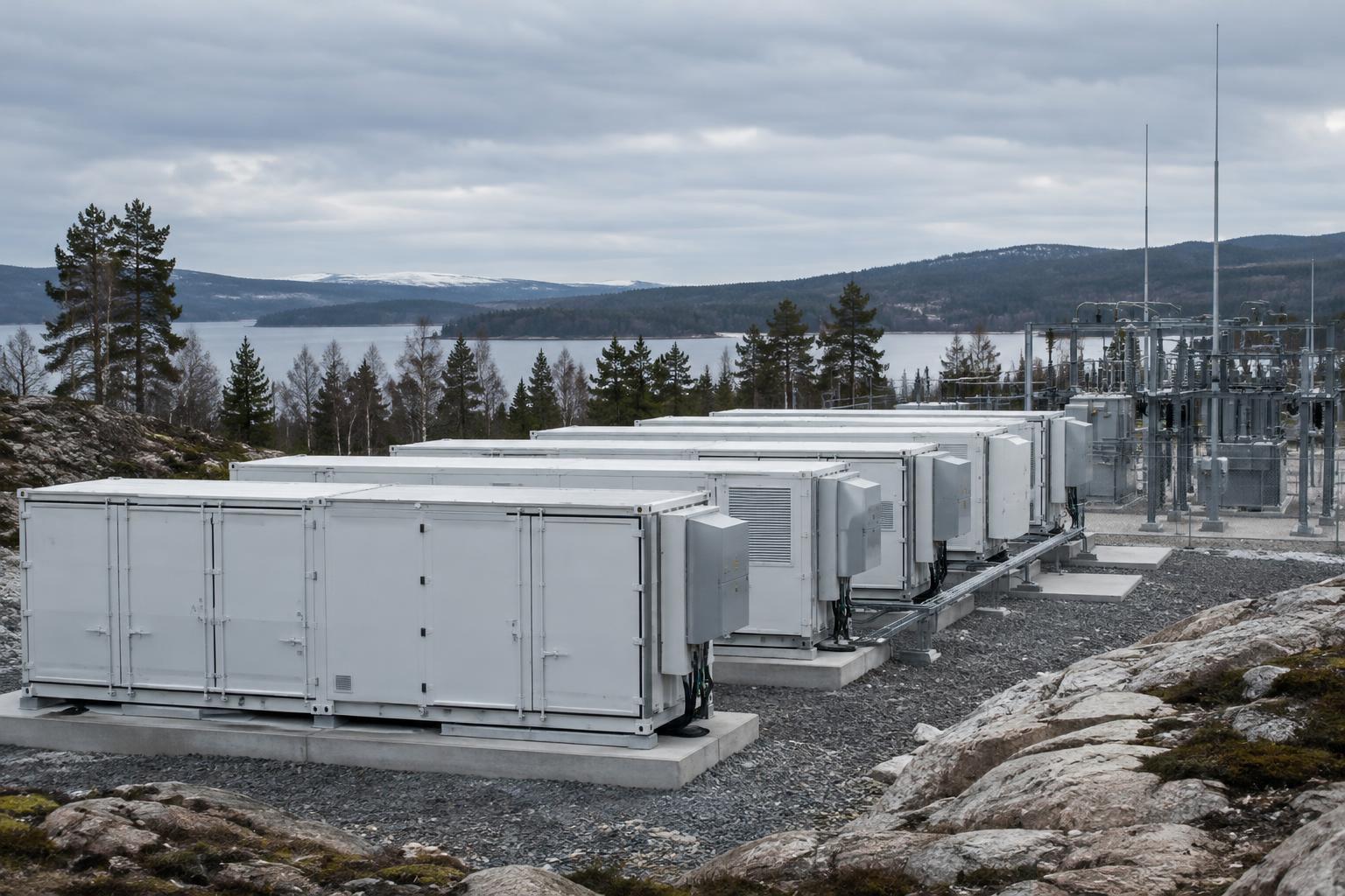 Illustrationsbild av en batterilagringsanläggning i nordisk miljö.
