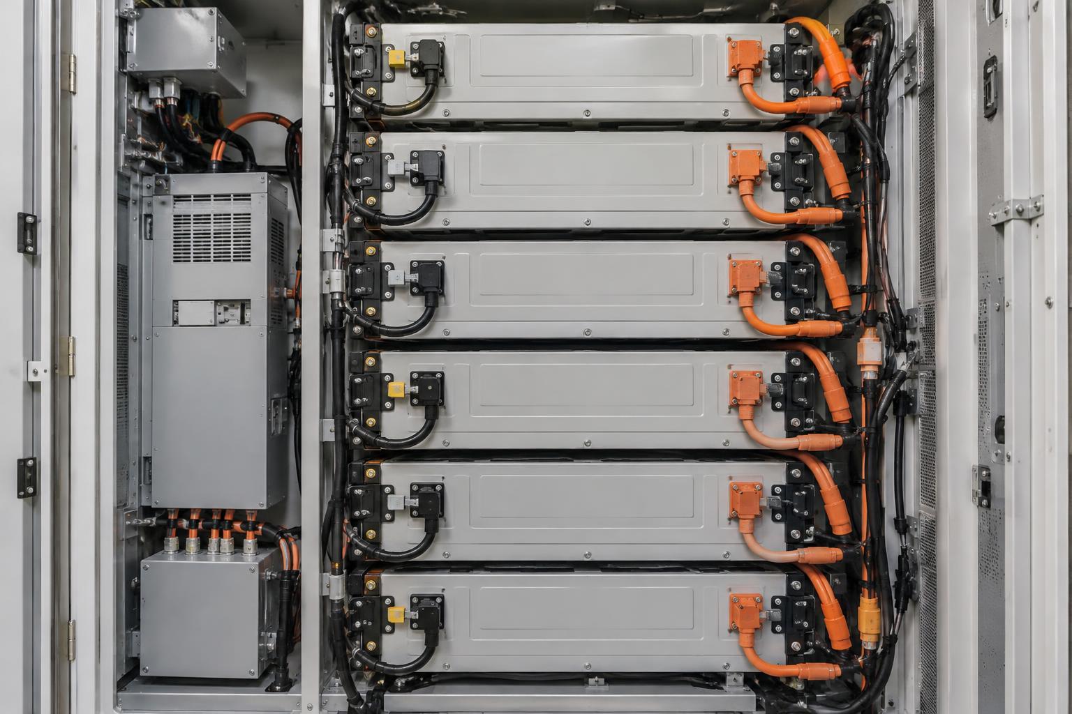Illustrationsbild av batterimoduler och elektriska anslutningar för stationär energilagring.