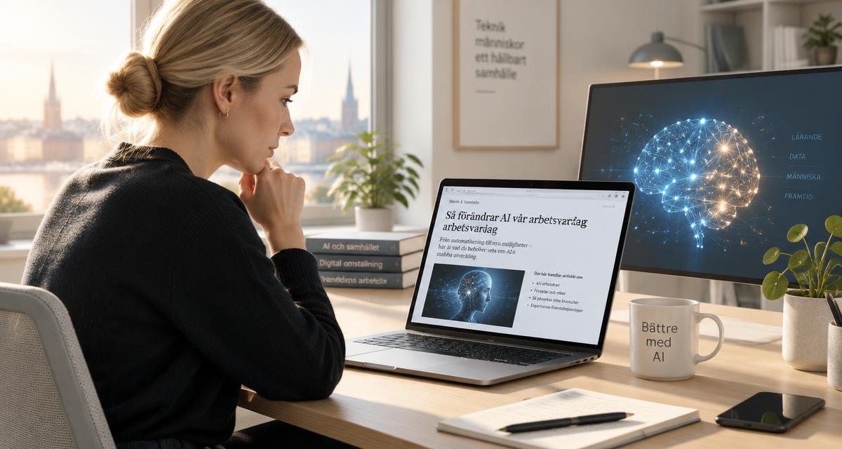 Kvinna i ett svenskt kontor läser en djupartikel om AI på datorn