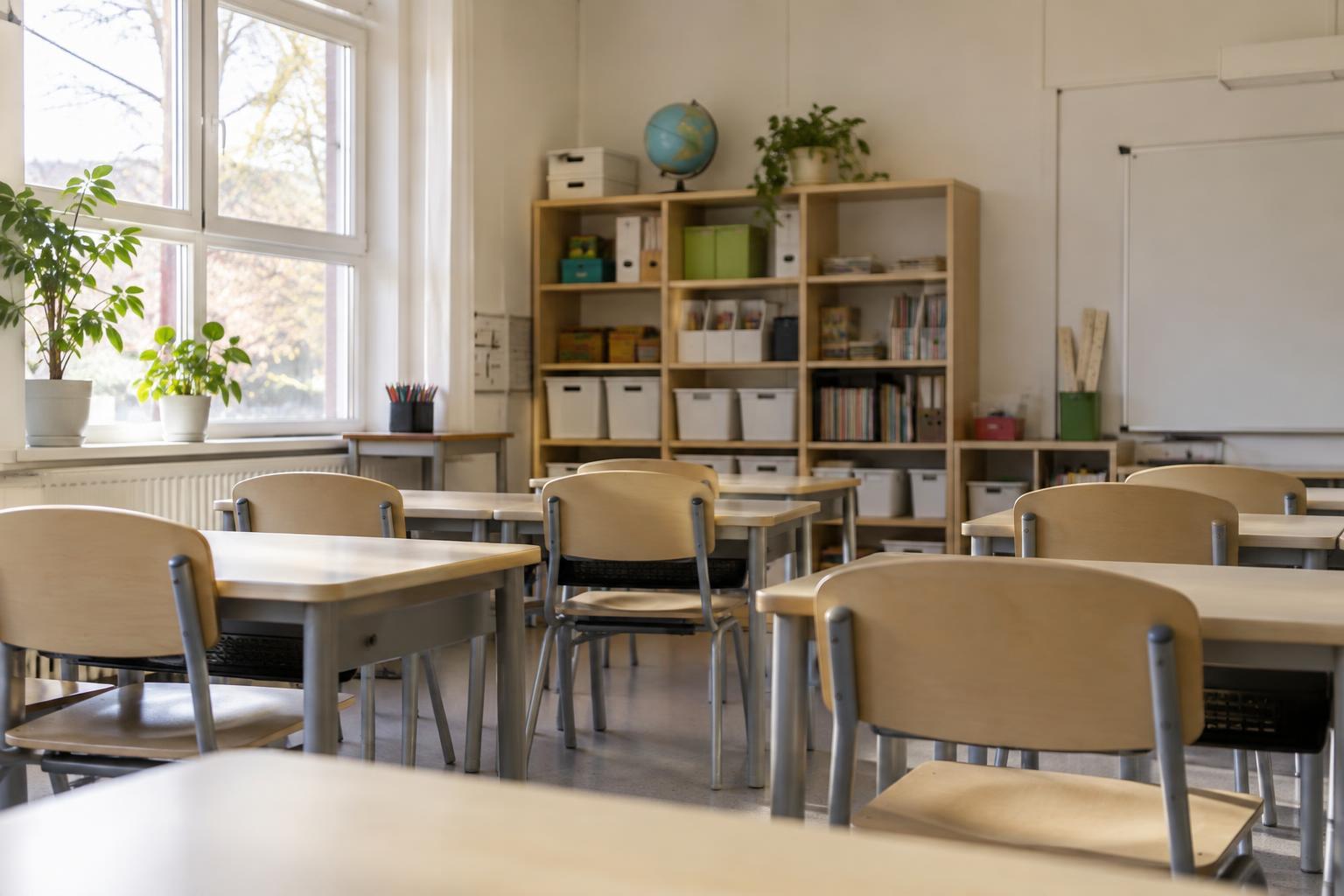 Illustrativ bild av ett tomt klassrum med skolbänkar och undervisningsmaterial.