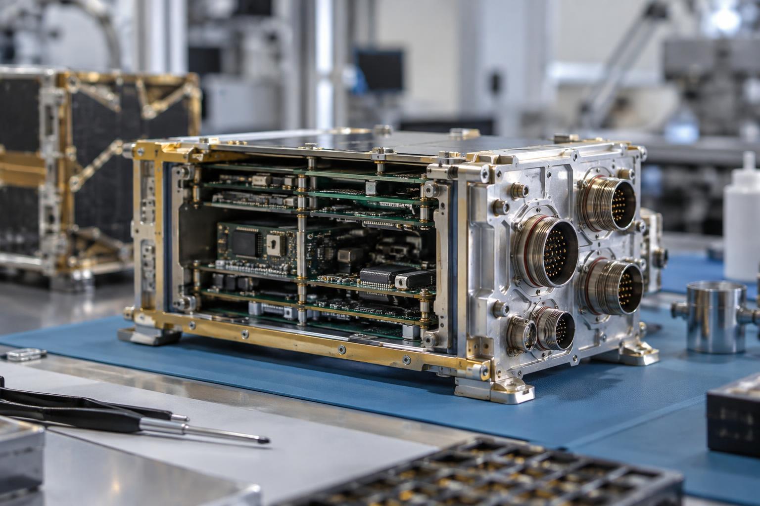 Illustrationsbild av en robust datormodul med kretskort och anslutningar i laboratoriemiljö.