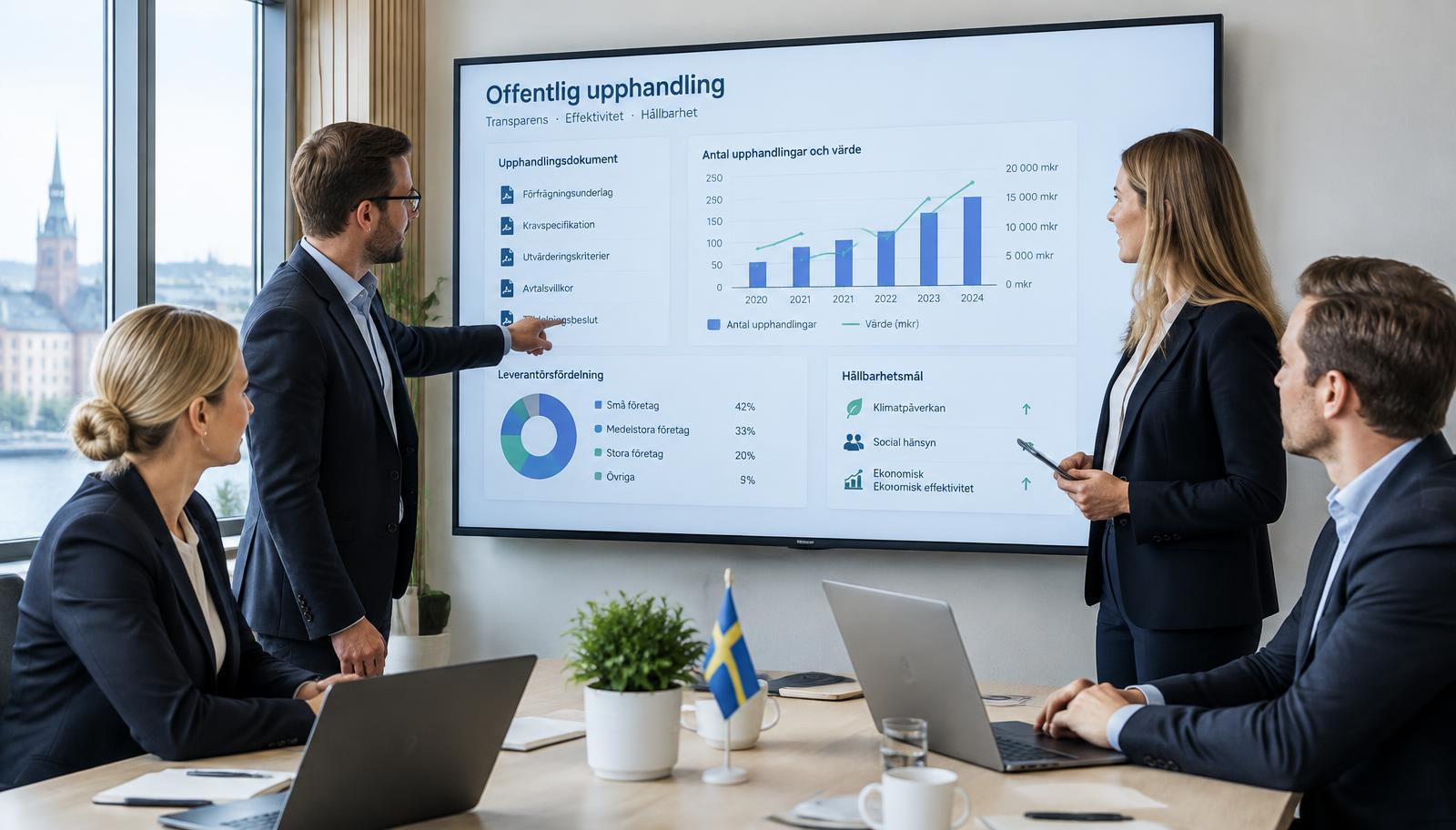 Affärsteam i ett svenskt kontor går igenom upphandlingsdokument och diagram på en stor skärm