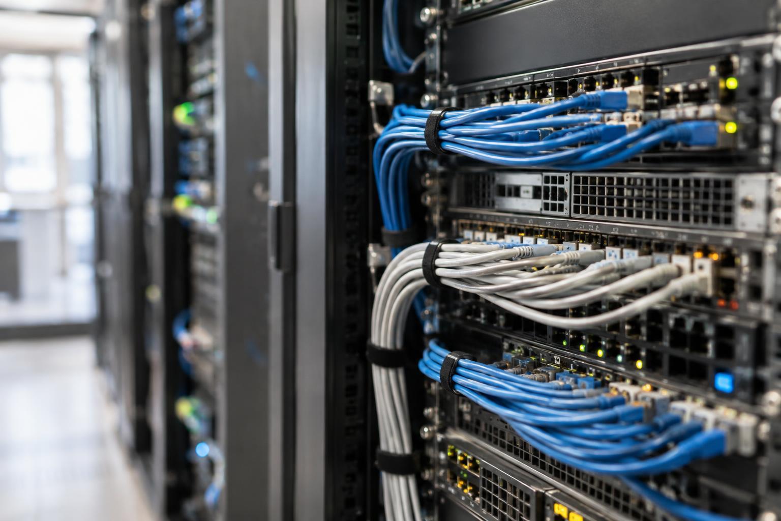 Illustrativ närbild av nätverkskablar och serverutrustning för digital infrastruktur.