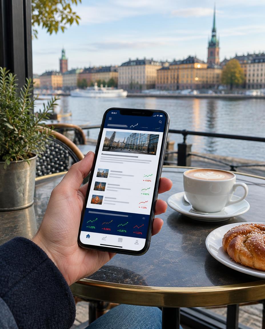 Hand som håller en mobil med en nyhetsapp på ett kafébord i Stockholm (illustration)