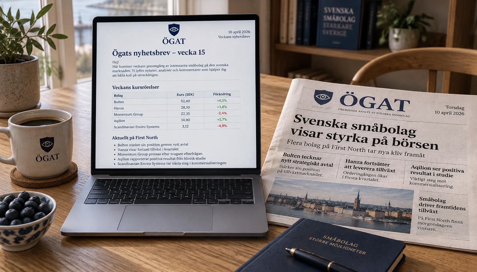 Ögat i datorn och Ögats svenska affärstidning på ett frukostbord (illustration)
